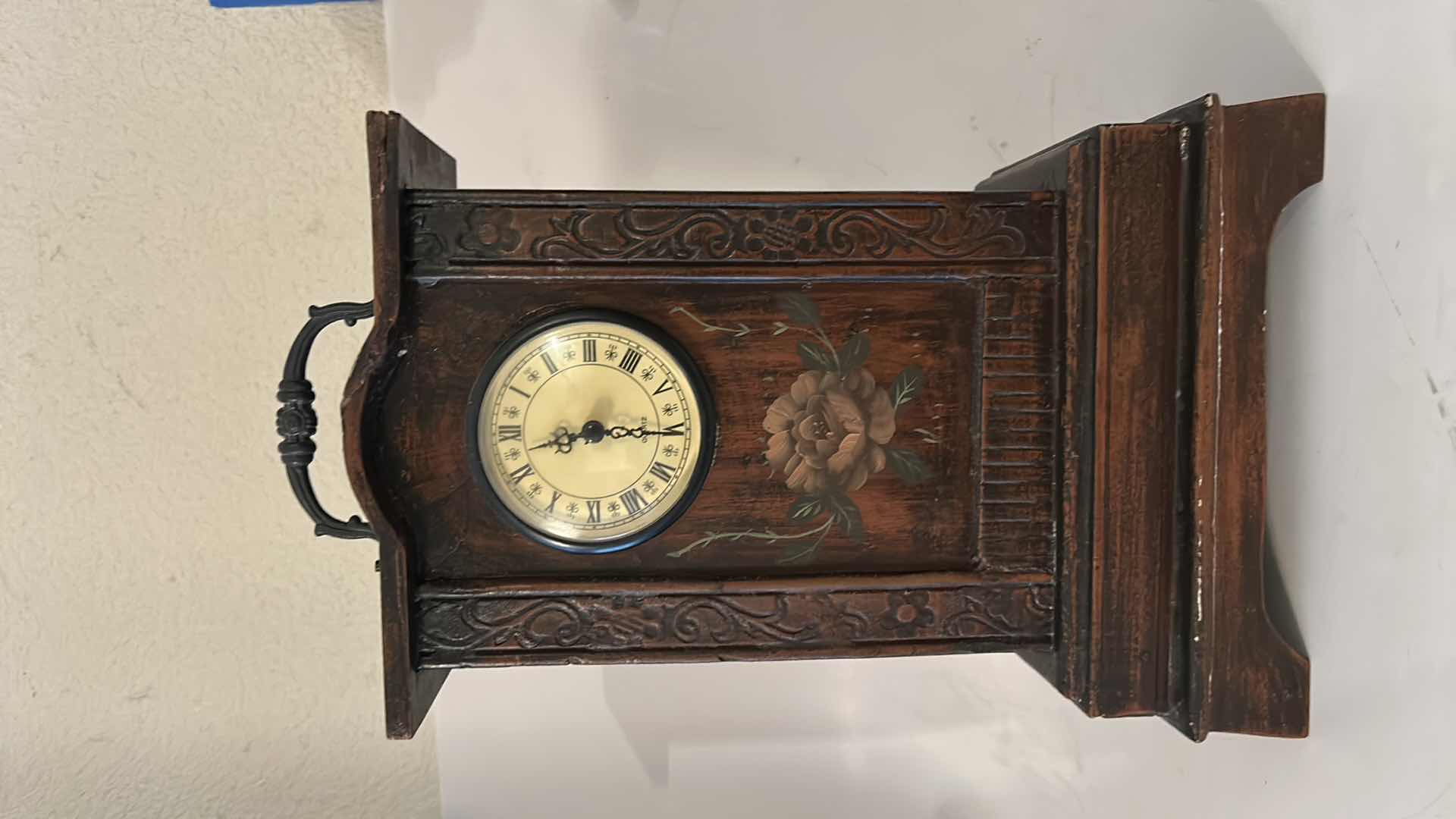 View 3 of WOOD MANTEL CLOCK, FEATURING DECORATIVE FLORAL PAINTING H12”