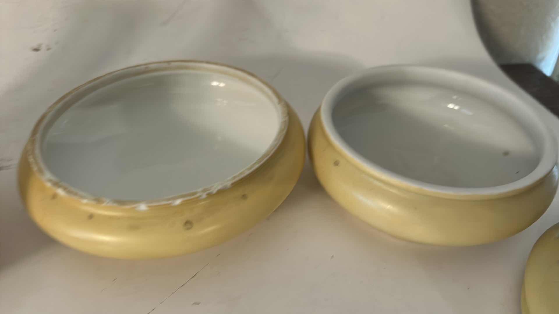 Photo 1 of 4 YELLOW AND WHITE VINTAGE PORCELAIN PIECES- ANTIQUE HAIR RECEIVER, FROM THE VICTORIAN ERA USED TO STORE HAIR, MATCHING TRINKET BOX, VASE AND MORE