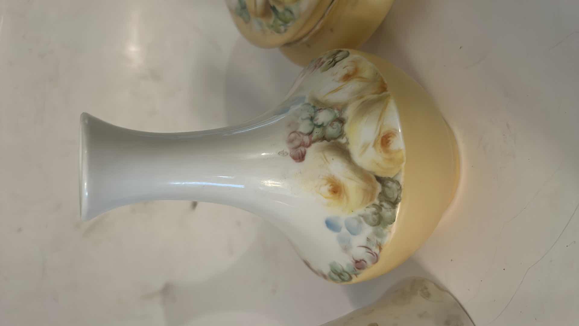 Photo 1 of 4 YELLOW AND WHITE VINTAGE PORCELAIN PIECES- ANTIQUE HAIR RECEIVER, FROM THE VICTORIAN ERA USED TO STORE HAIR, MATCHING TRINKET BOX, VASE AND MORE