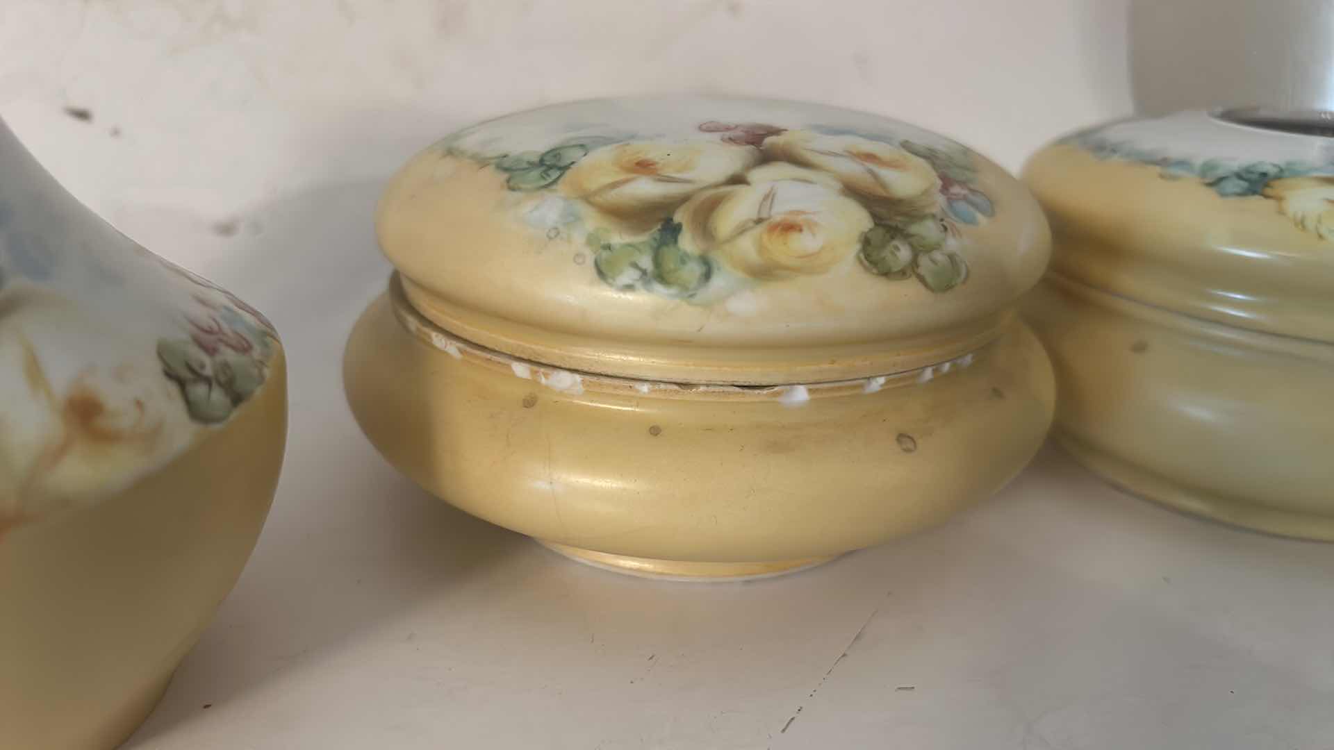 Photo 1 of 4 YELLOW AND WHITE VINTAGE PORCELAIN PIECES- ANTIQUE HAIR RECEIVER, FROM THE VICTORIAN ERA USED TO STORE HAIR, MATCHING TRINKET BOX, VASE AND MORE