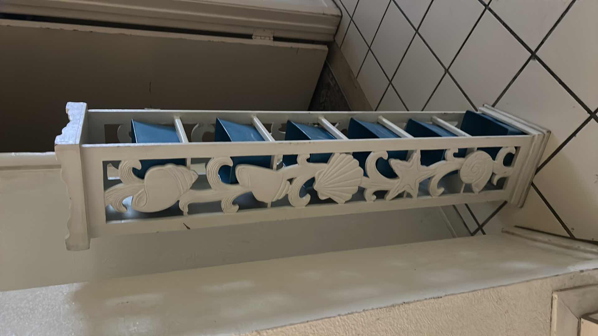 Photo 1 of NARROW STORAGE CABINET- WOOD WITH PLASTIC TOTES 7 1/2 x 7 1/2” x H38 1/2