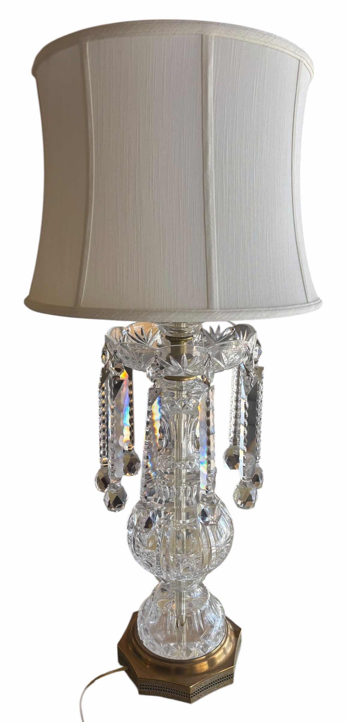 Photo 1 of VINTAGE CRYSTAL TABLE LAMP W FACETED GLASS BASE & DANGLING SPEAR PRISMS H 35"