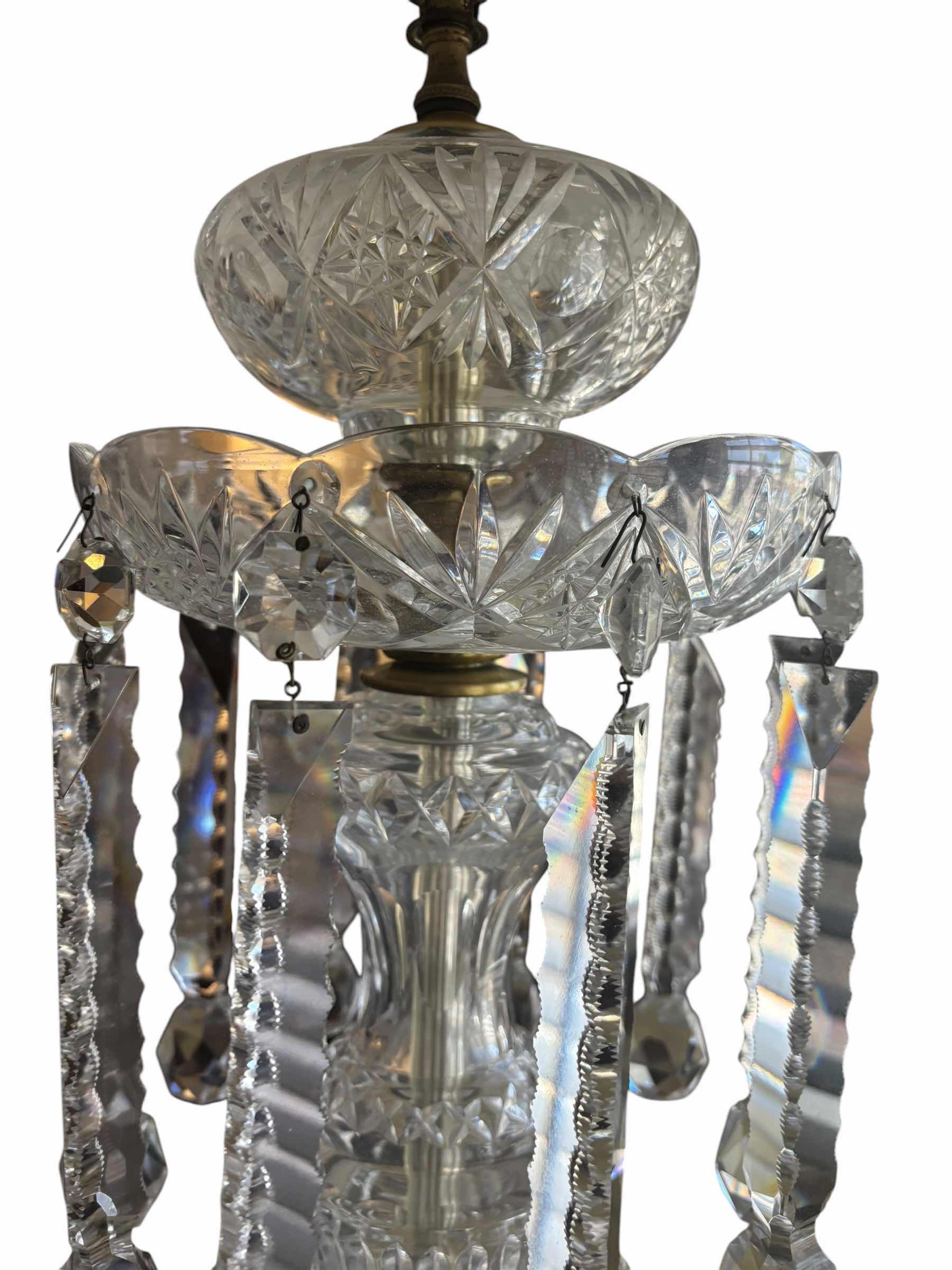 Photo 1 of VINTAGE CRYSTAL TABLE LAMP W FACETED GLASS BASE & DANGLING SPEAR PRISMS H 35"