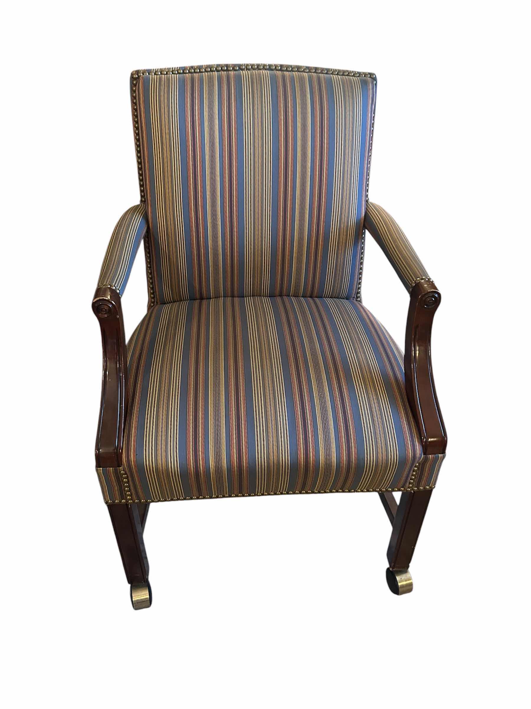 Photo 1 of 1980 CHIPPENDALE STYLE MAHOGANY LIBRARY ARM CHAIR W CUSTOM STRIPE UPHOLSTERY ON CASTERS
