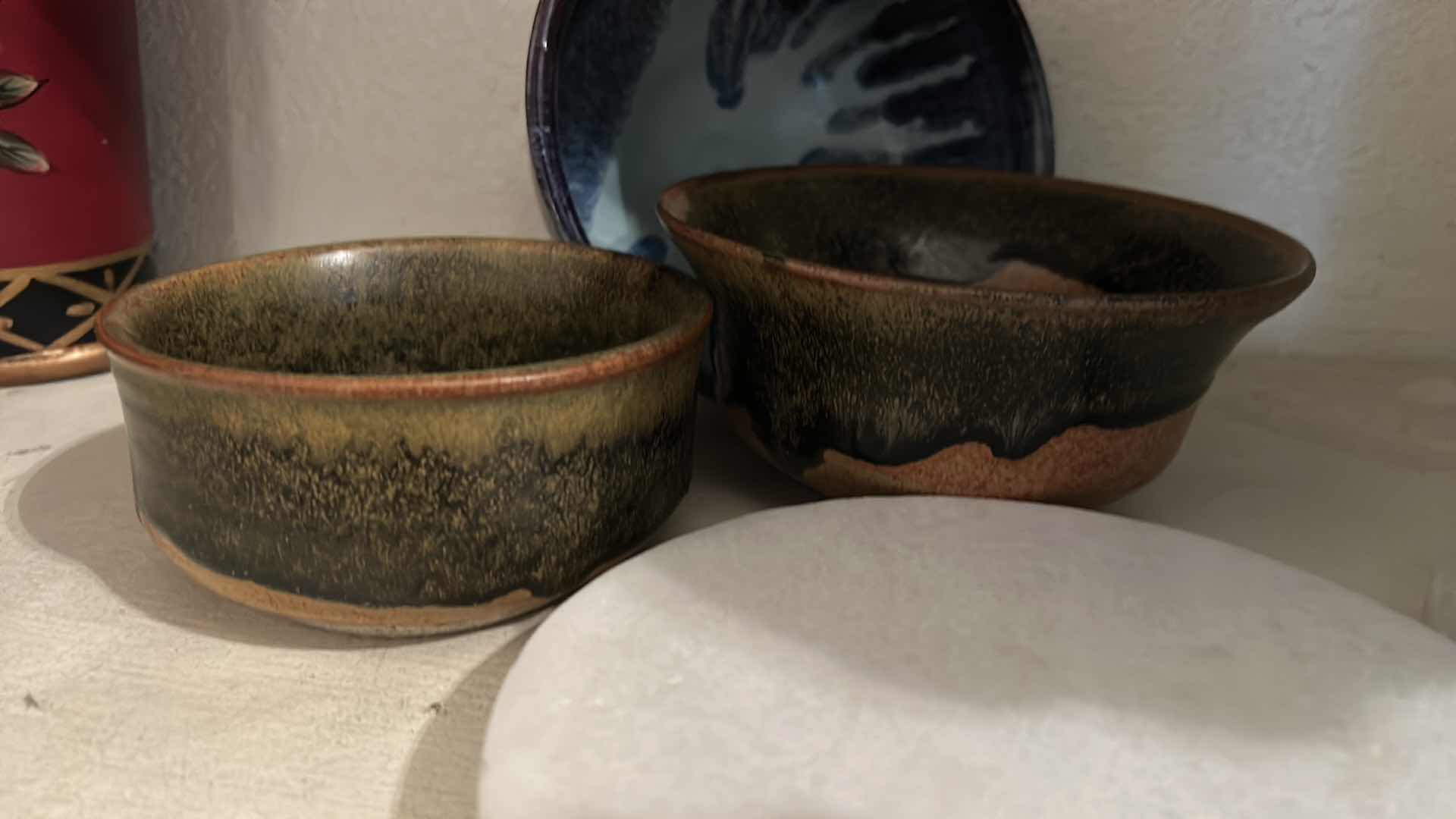Photo 1 of 3 SIGNED CERAMIC BOWLS, 4 MARBLE ROUNDS & TIFFANY STYLE RESIN & METAL CANDLE HOLDER H 10.5”