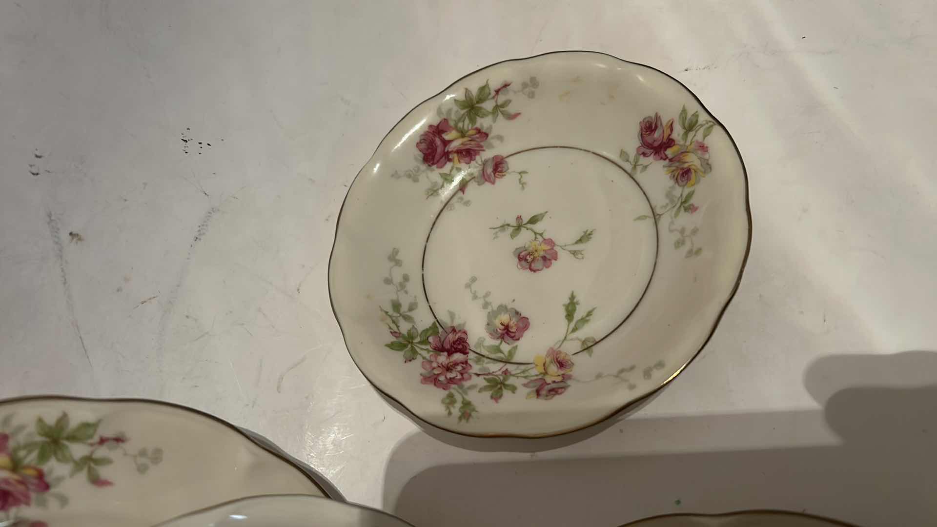 Photo 1 of HAVILAND DORSET 4 SMALL PLATES AND 4 BOWLS PINK FLORAL GOLD TRIM 6.5”
