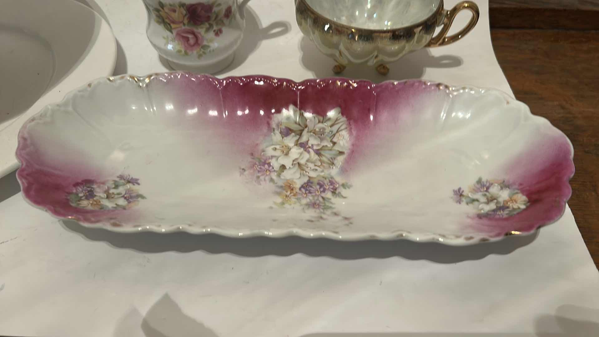 Photo 1 of 2-TIER DESSERT STAND, COLLECTIBLE TEACUPS AND DISH
