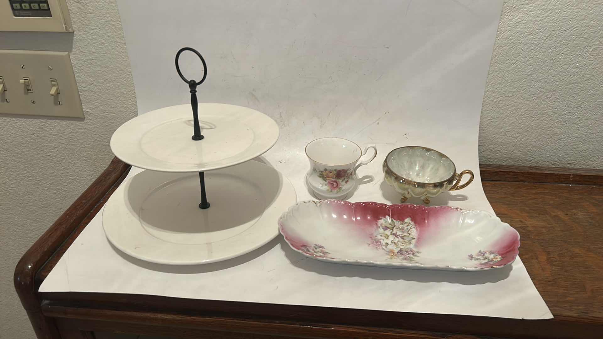 Photo 1 of 2-TIER DESSERT STAND, COLLECTIBLE TEACUPS AND DISH