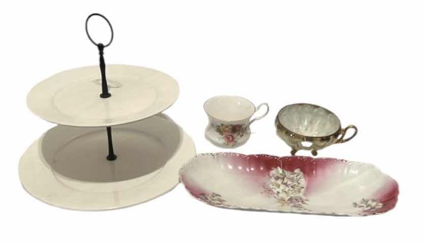 Photo 1 of 2-TIER DESSERT STAND, COLLECTIBLE TEACUPS AND DISH