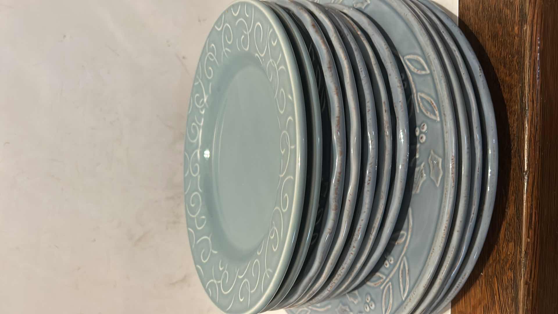 Photo 1 of 13 PC BLUE GREEN CERAMIC DINNERWARE FEATURING SCALLOPED EDGES & RAISED DECORATIVE SCROLLS