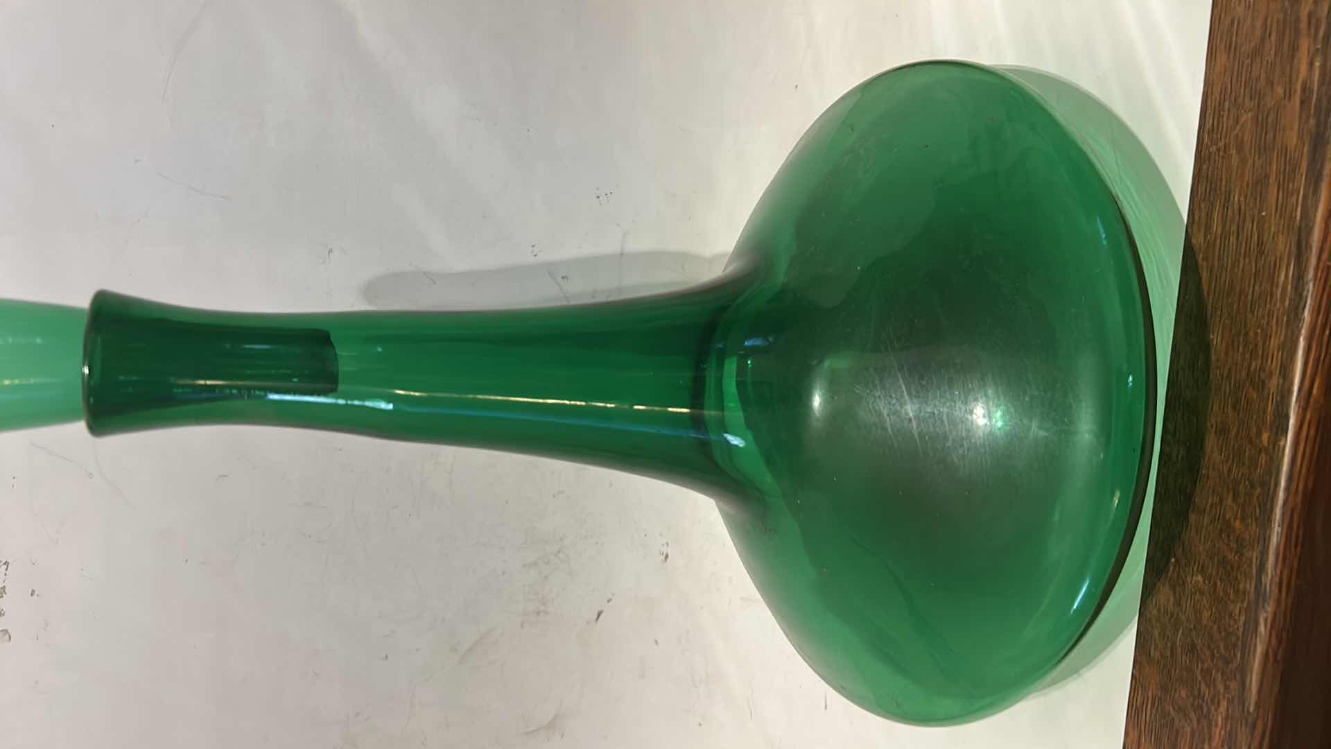 Photo 1 of HANDBLOWN VINTAGE GREEN GLASS DECANTER, OFTEN REFERRED TO AS A “GENIE BOTTLE,” H20”