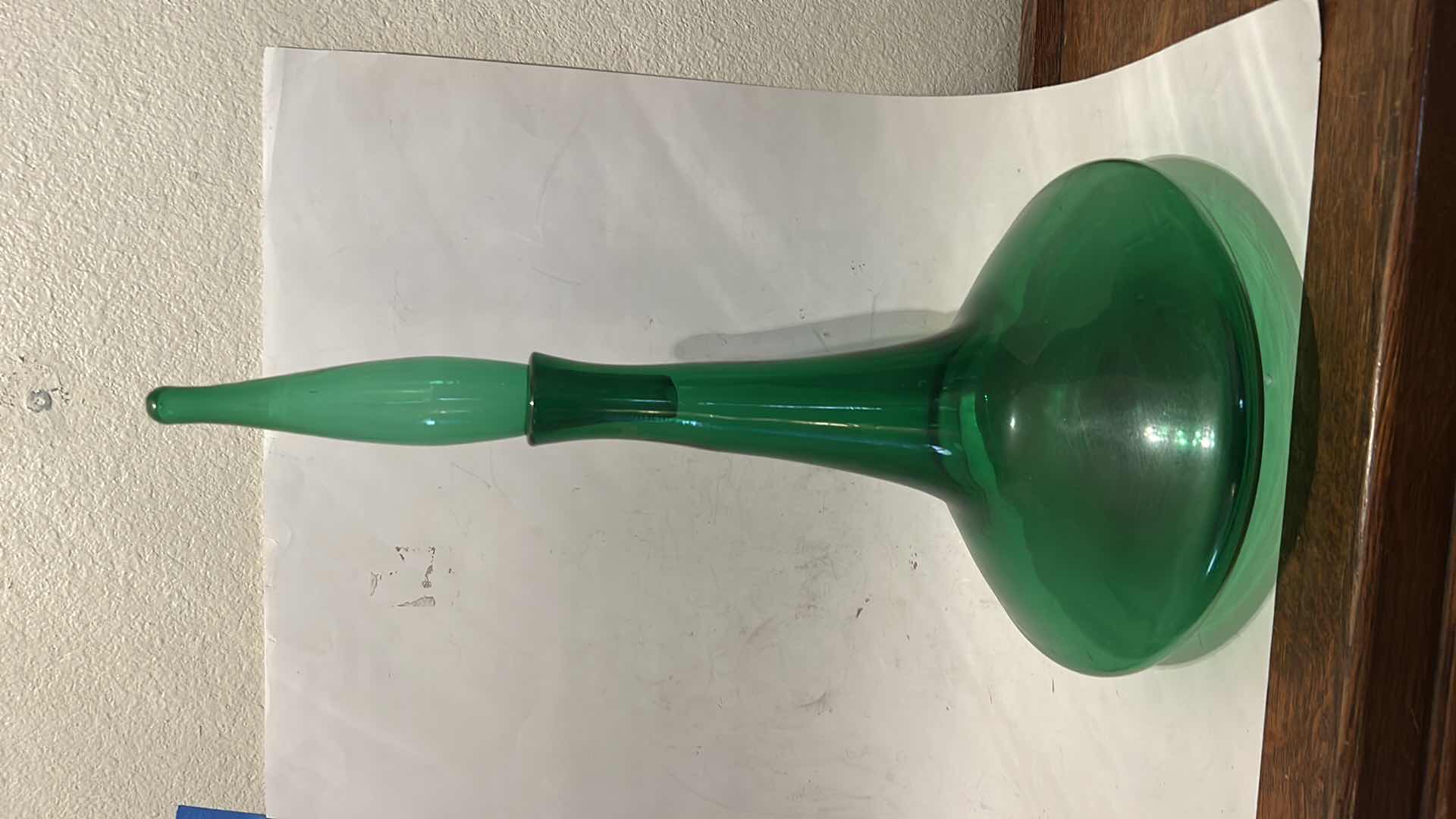 Photo 1 of HANDBLOWN VINTAGE GREEN GLASS DECANTER, OFTEN REFERRED TO AS A “GENIE BOTTLE,” H20”