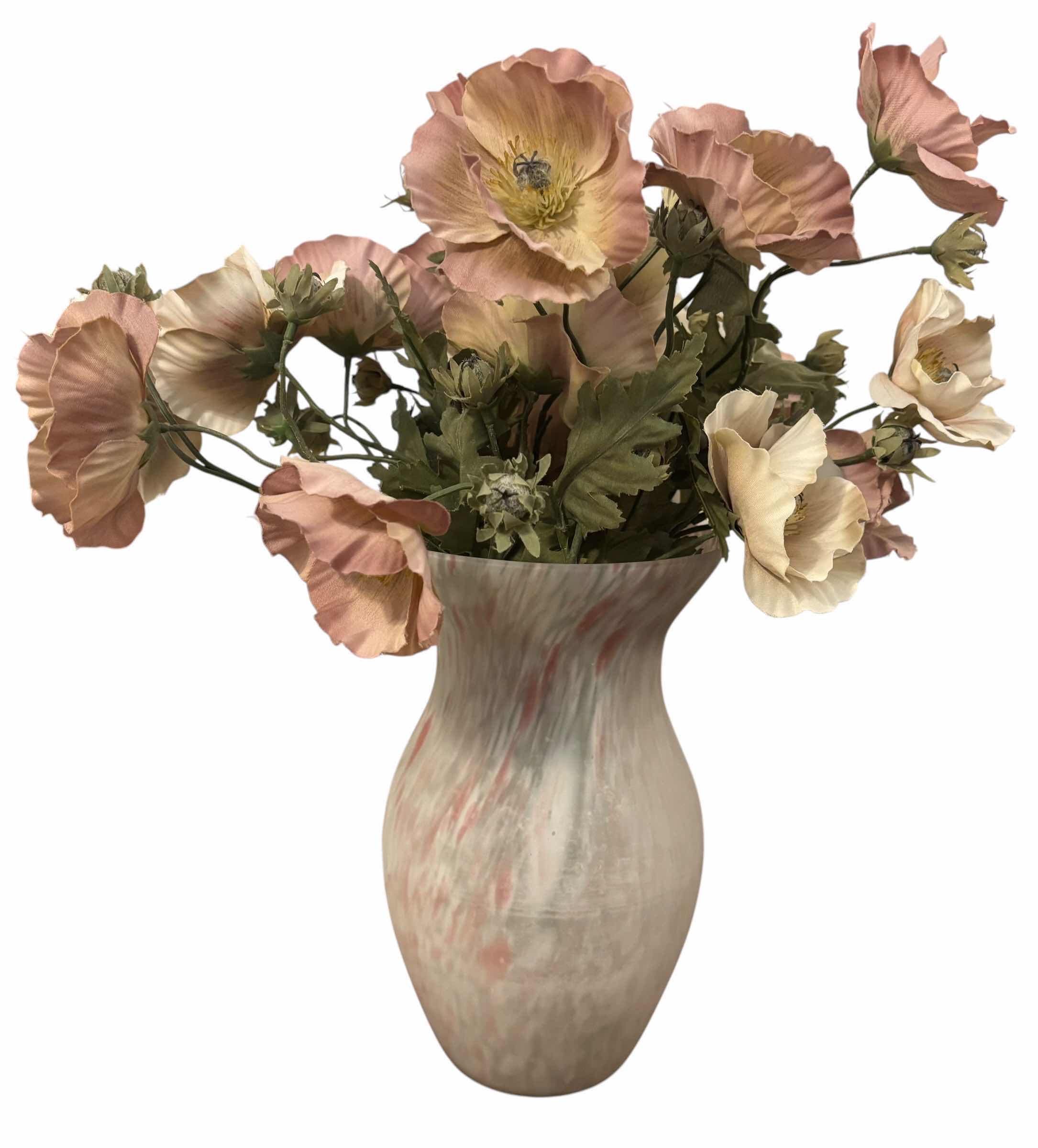 Photo 1 of DECORATIVE FAN SHAPED BOXES WITH ARTIFICIAL FLOWERS IN VASES (2) (TALLEST H22”)