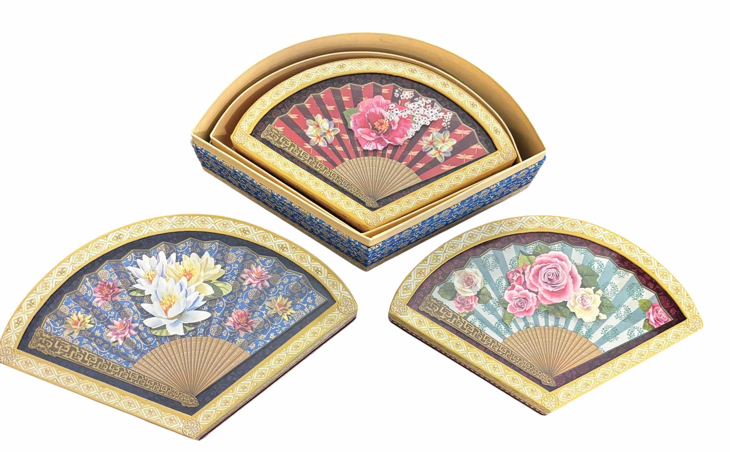 Photo 1 of DECORATIVE FAN SHAPED BOXES WITH ARTIFICIAL FLOWERS IN VASES (2) (TALLEST H22”)