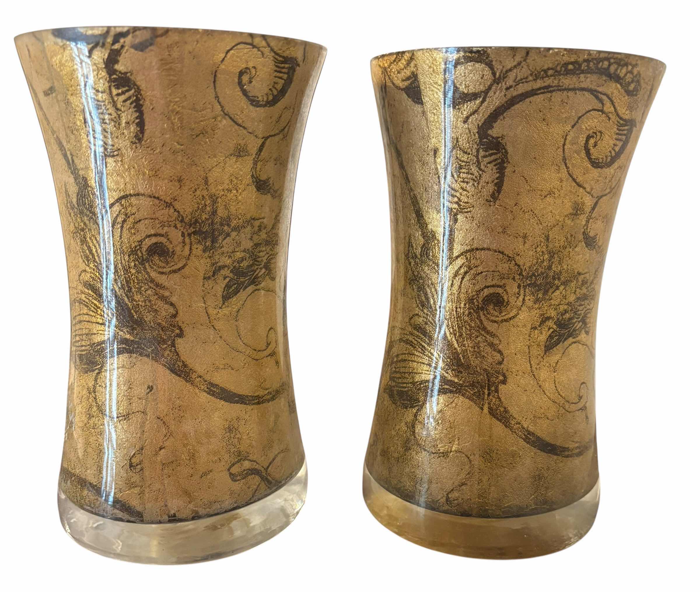 Photo 1 of GLASS VASES  DISTRESSED GOLD LEAD FINISH W ETCHED SCROLLWORK DESIGNS H8” (2)