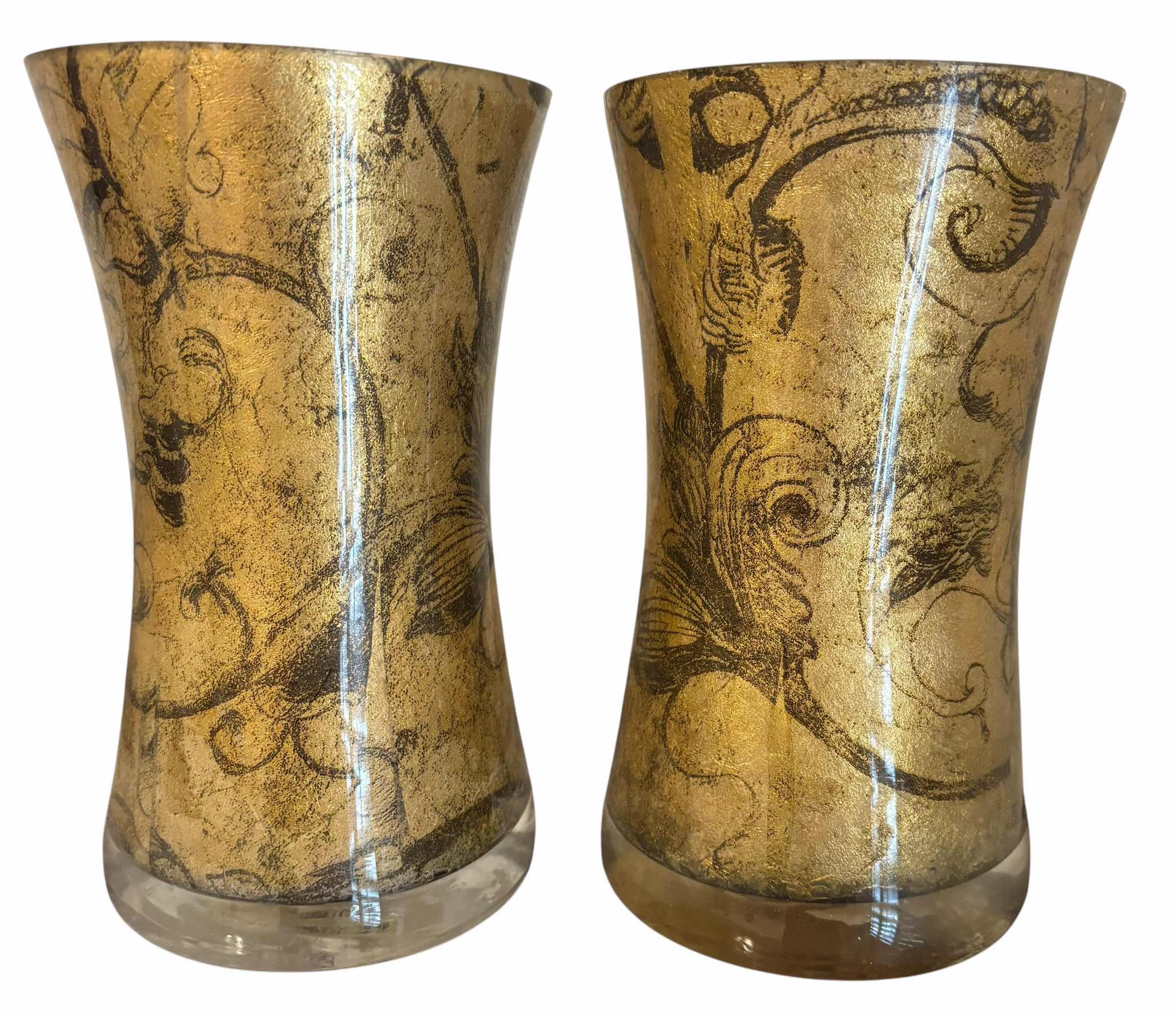 Photo 1 of GLASS VASES  DISTRESSED GOLD LEAD FINISH W ETCHED SCROLLWORK DESIGNS H8” (2)