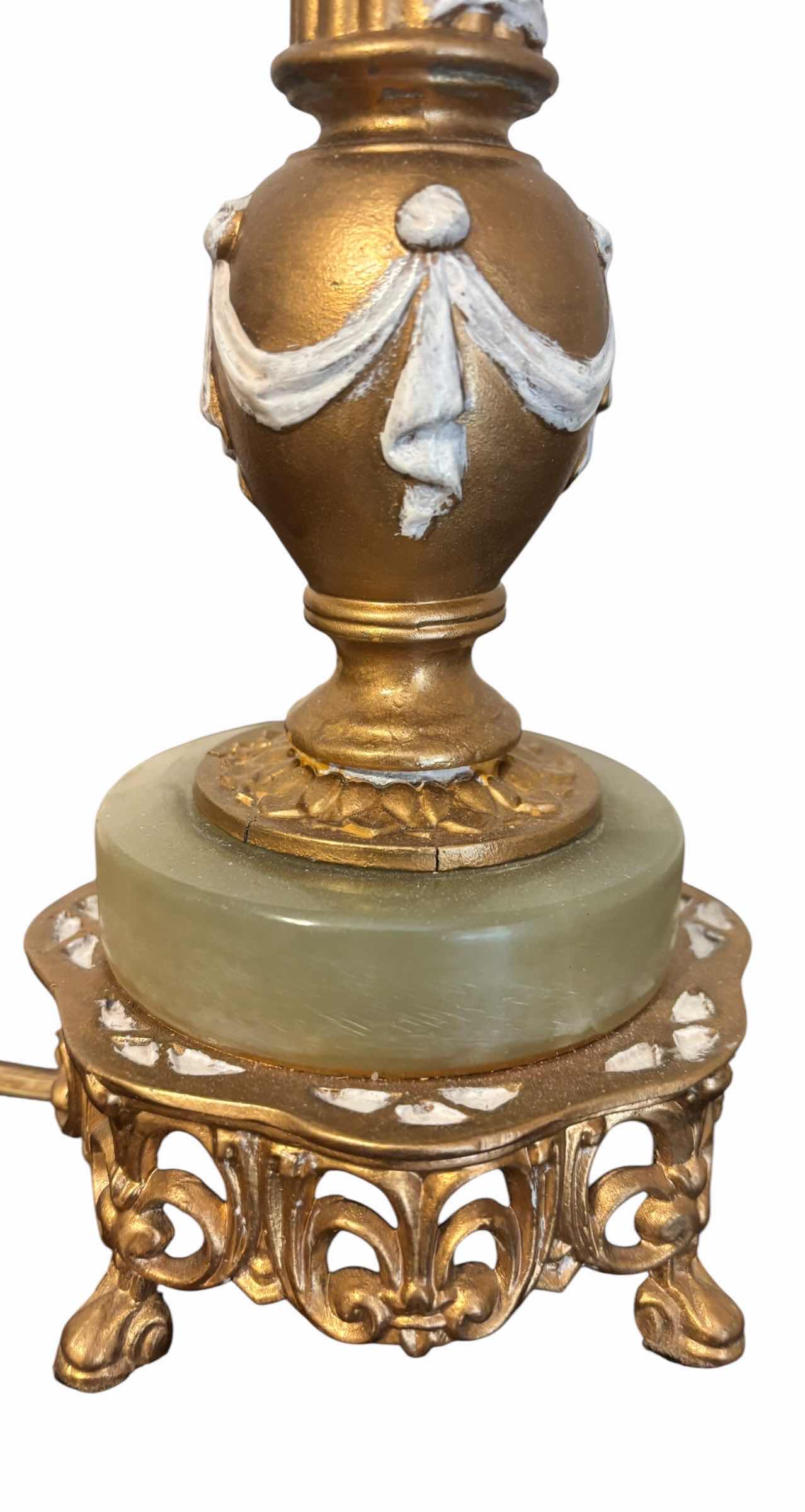 Photo 1 of VINTAGE REMBRANDT LAMP WITH GREEN ONYX BASE & ORNATE GILT METAL FOOTED STAND H29”