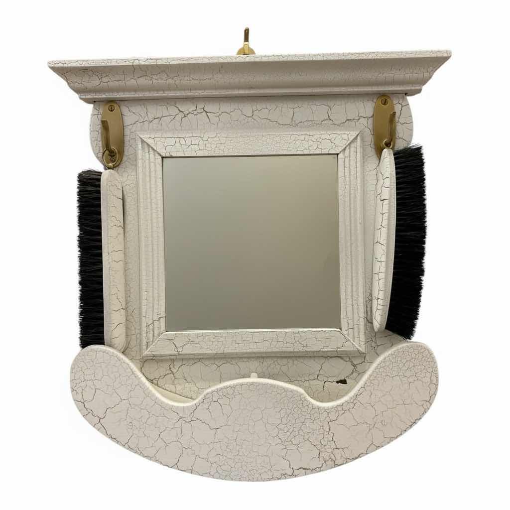 Photo 1 of VINTAGE SHABBY CHIC RUSTIC WHITE CRACKLE WALL MIRROR W/HOOKS FOR TOWELS OR BRUSHES 14”X2.5”H14.5” $100