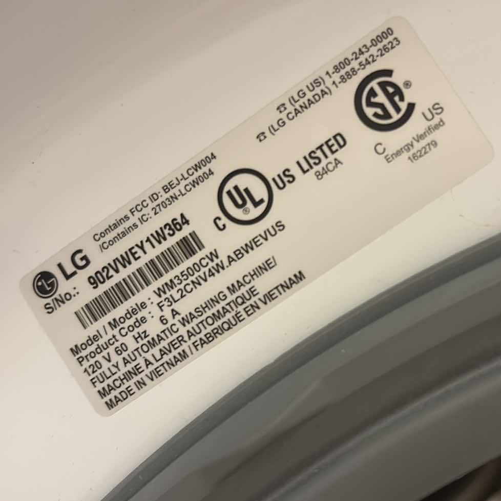 Photo 1 of LG SMART TECHNOLOGY FRONT LOAD WASHING MACHINE MODEL WM3500CW 4.5CU FT 26.5”X27”H39” $899