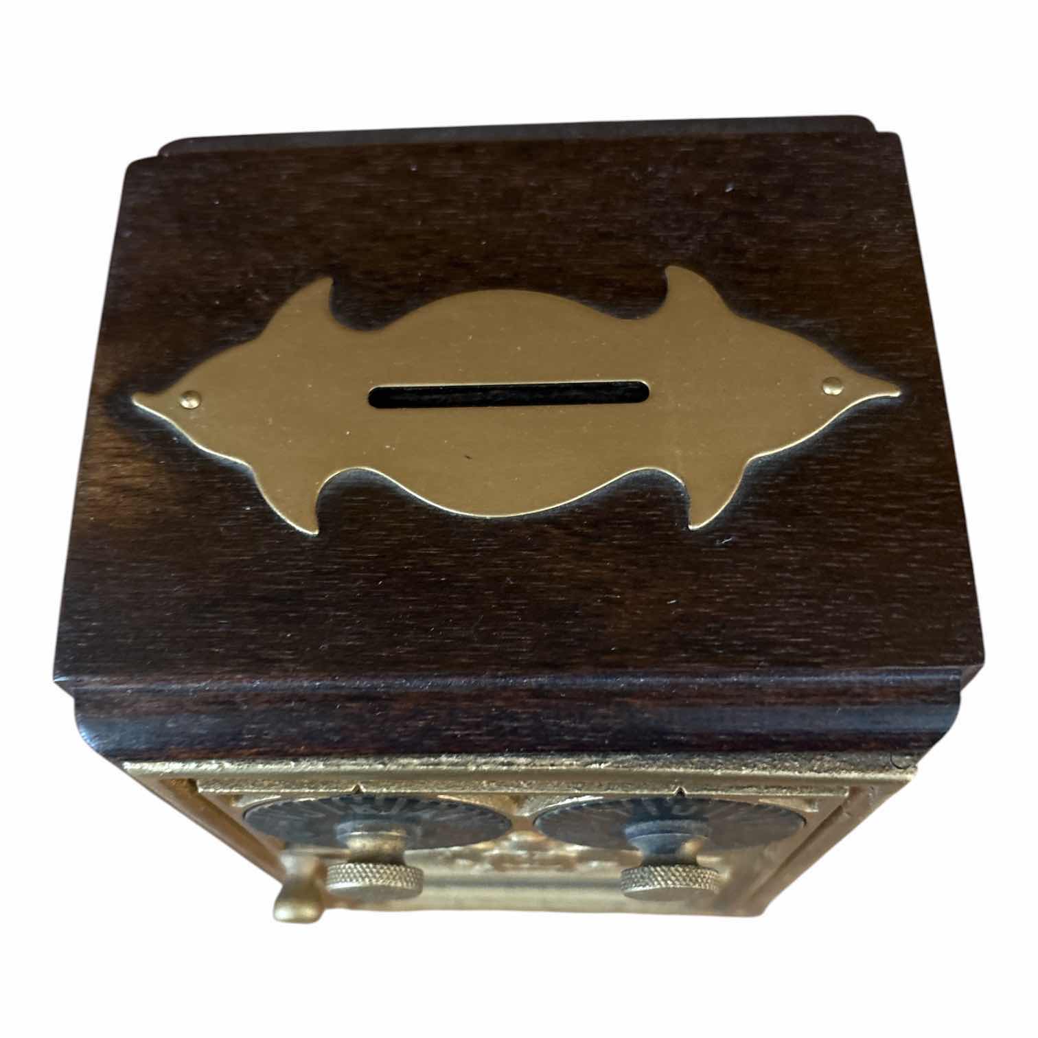 Photo 1 of VINTAGE ODYSSEY CREATIONS WALNUT POST OFFICE BOX COMBINATION COIN BANK H5.5”