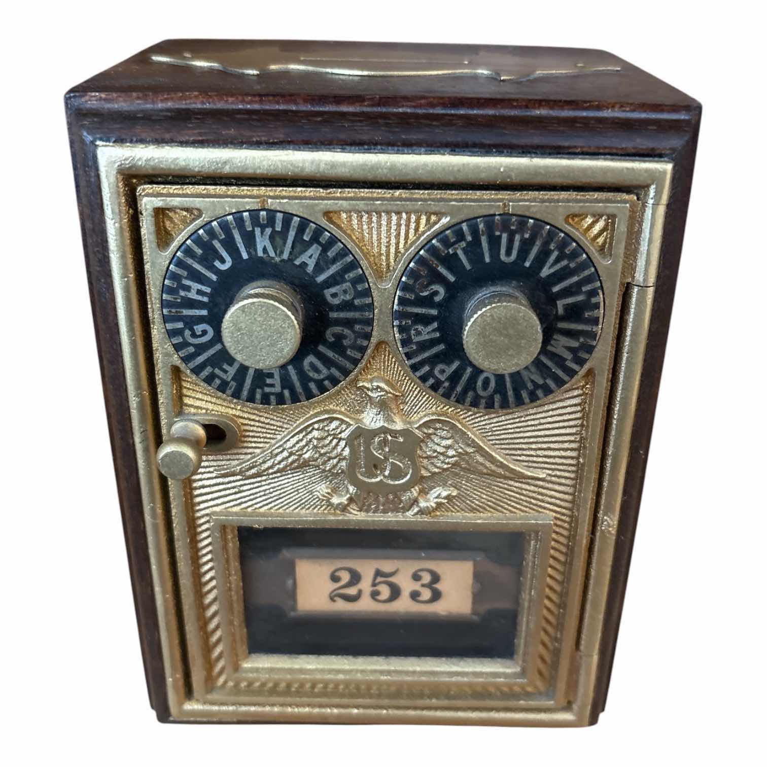 Photo 1 of VINTAGE ODYSSEY CREATIONS WALNUT POST OFFICE BOX COMBINATION COIN BANK H5.5”
