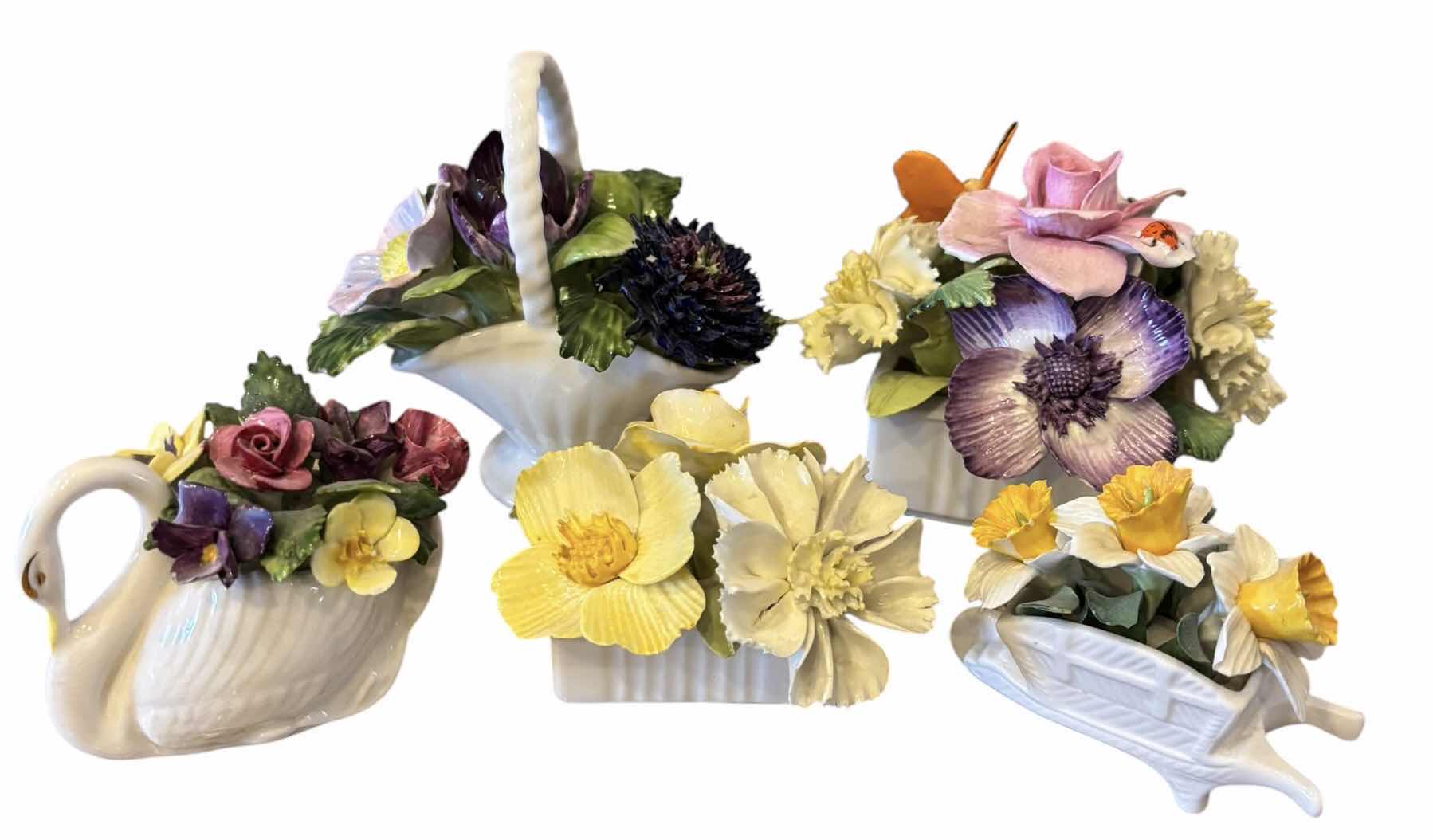 View 1 of ROYAL ADDERLEY & CROWN STAFFORDSHIRE VINTAGE PORCELAIN FLOWER ARRANGEMENTS (5) (TALLEST H4”)