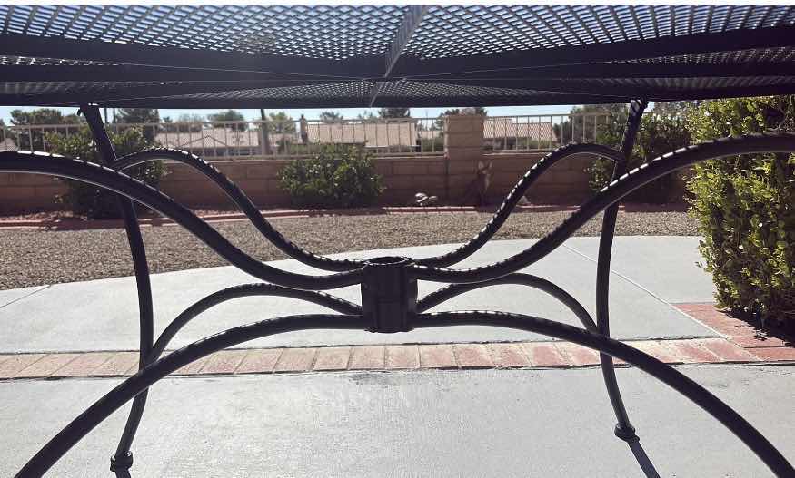 Photo 1 of HAMPTON BAY NANTUCKET BLACK METAL OUTDOOR PATIO TABLE E/DURABLE MESH TOP & CENTRAL UMBRELLA HOLE 76”X42”X28.5”