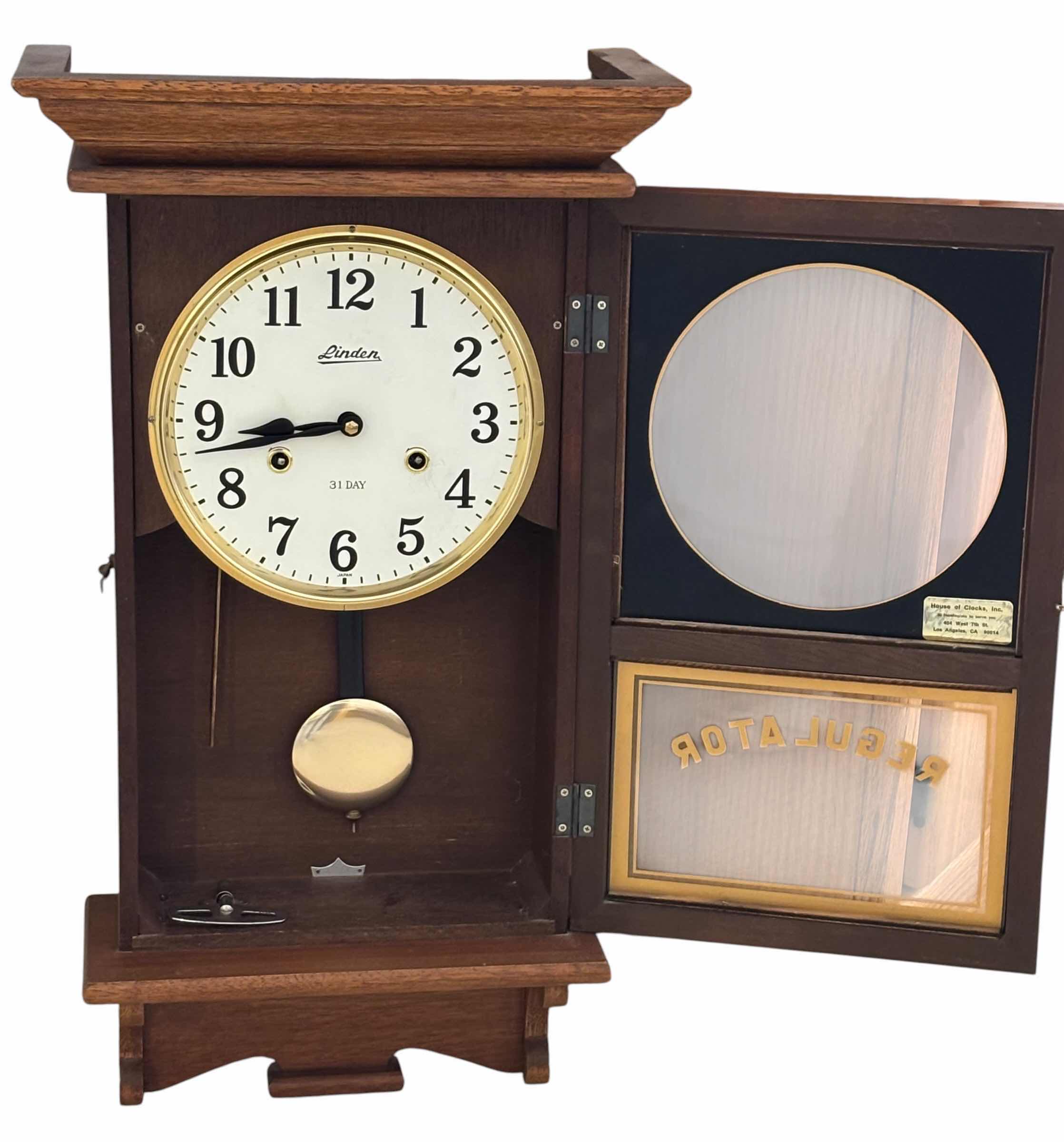Photo 1 of VINTAGE 1970S LINDEN 31-DAY REGULATOR PENDULUM WALL CLOCK