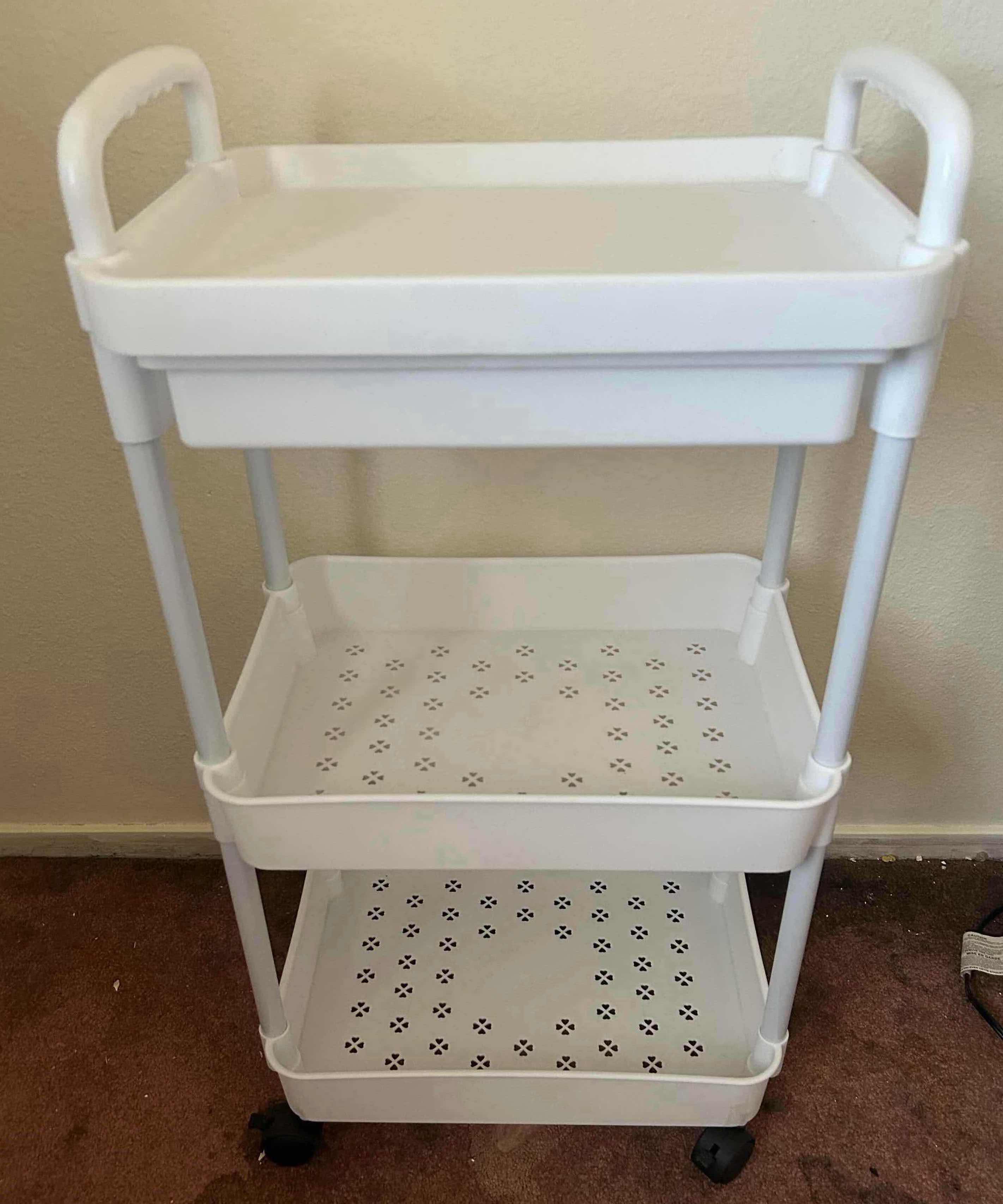 Photo 1 of 3 TIER WHITE PLASTIC UTILITY CART W WHEELS & HANDLES H 29"