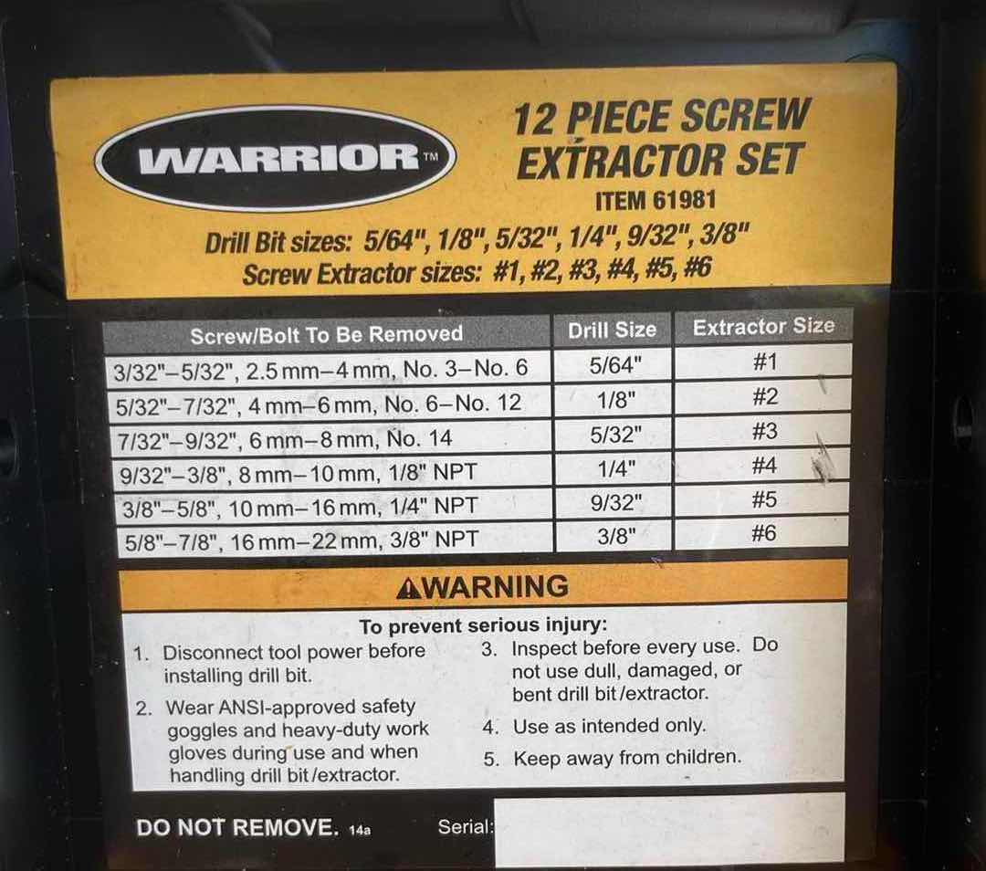 Photo 1 of WARRIOR 12PC SCREW EXTRACTOR SET & PRECISION 16PC SCREWDRIVER SET