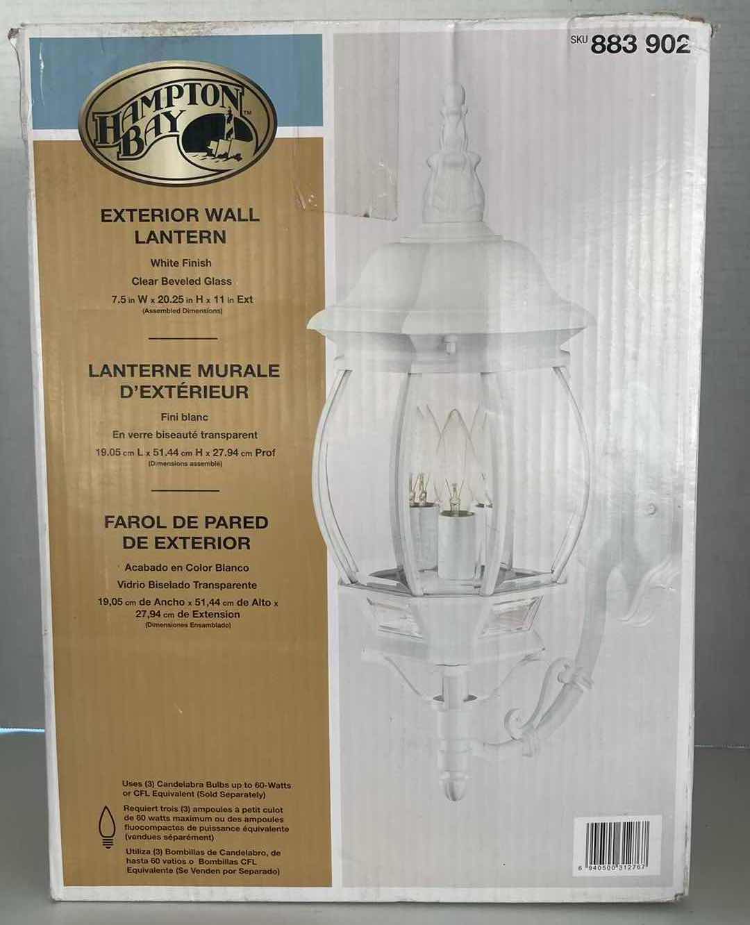 Photo 1 of HAMPTON BAY WHITE 3-LIGHT OUTDOOR WALL LAMP W CLEAR BEVELED GLASS SHADE 7.5” X 11” H20.25”