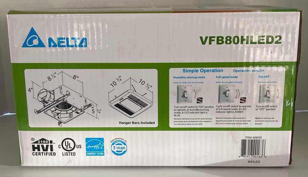 Photo 1 of DELTA BREEZ VENTILATION SYSTEM HUMIDITY SENSOR LED LIGHT BATHROOM FAN MODEL VFB80HLED2 8.25” X 8” H5.75”