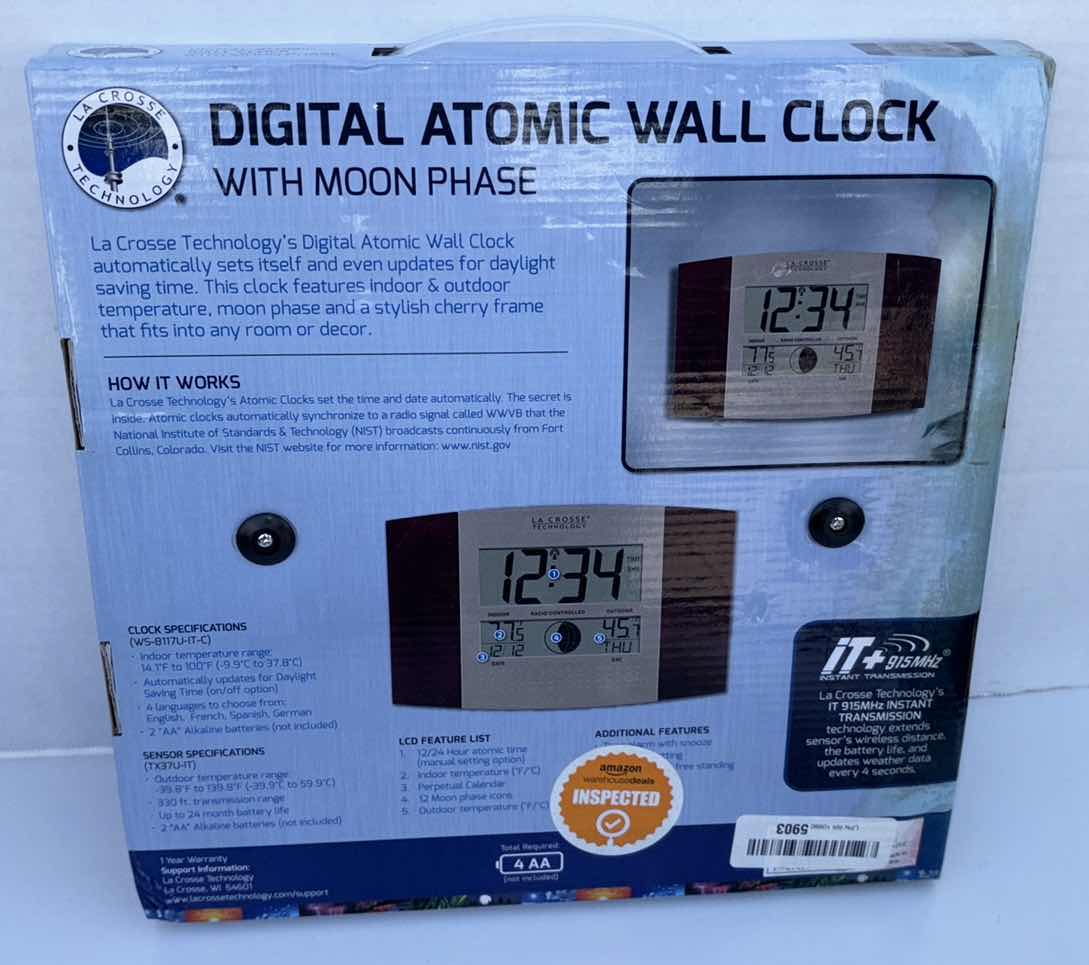 Photo 1 of NEW LA CROSSE TECHNOLOGY DIGITAL ATOMIC WALL CLOCK W MOON PHASE, BATTERY OPERATED (WS-8117U-IT-C)