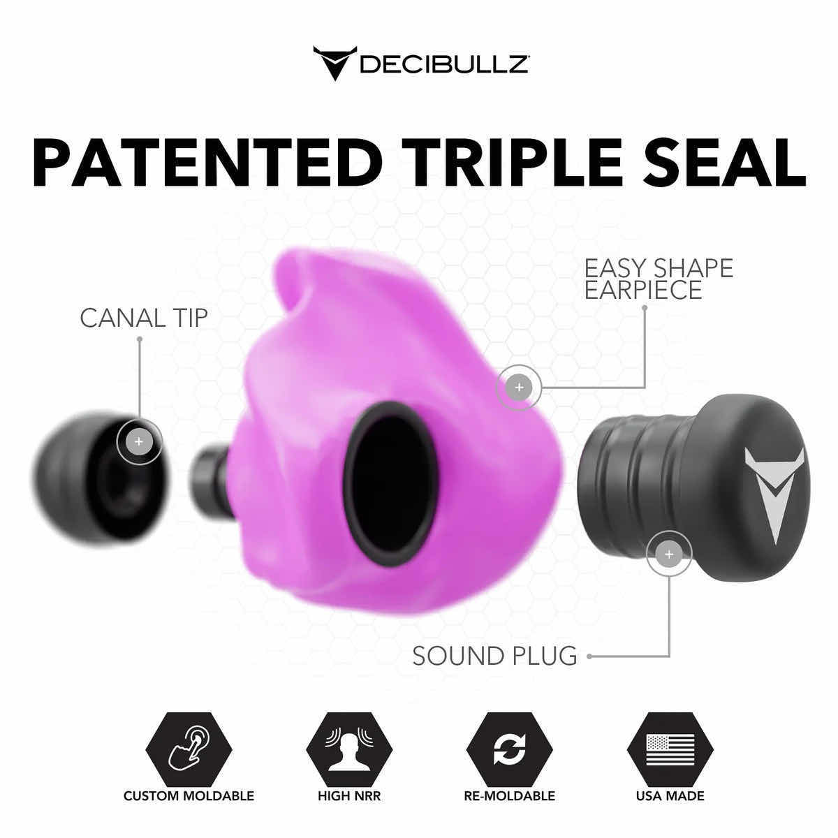 Photo 1 of DECIBULLZ CUSTOM MOLDED EARPLUGS 31dB, HEAT & SHAPE (NRR31, PINK)