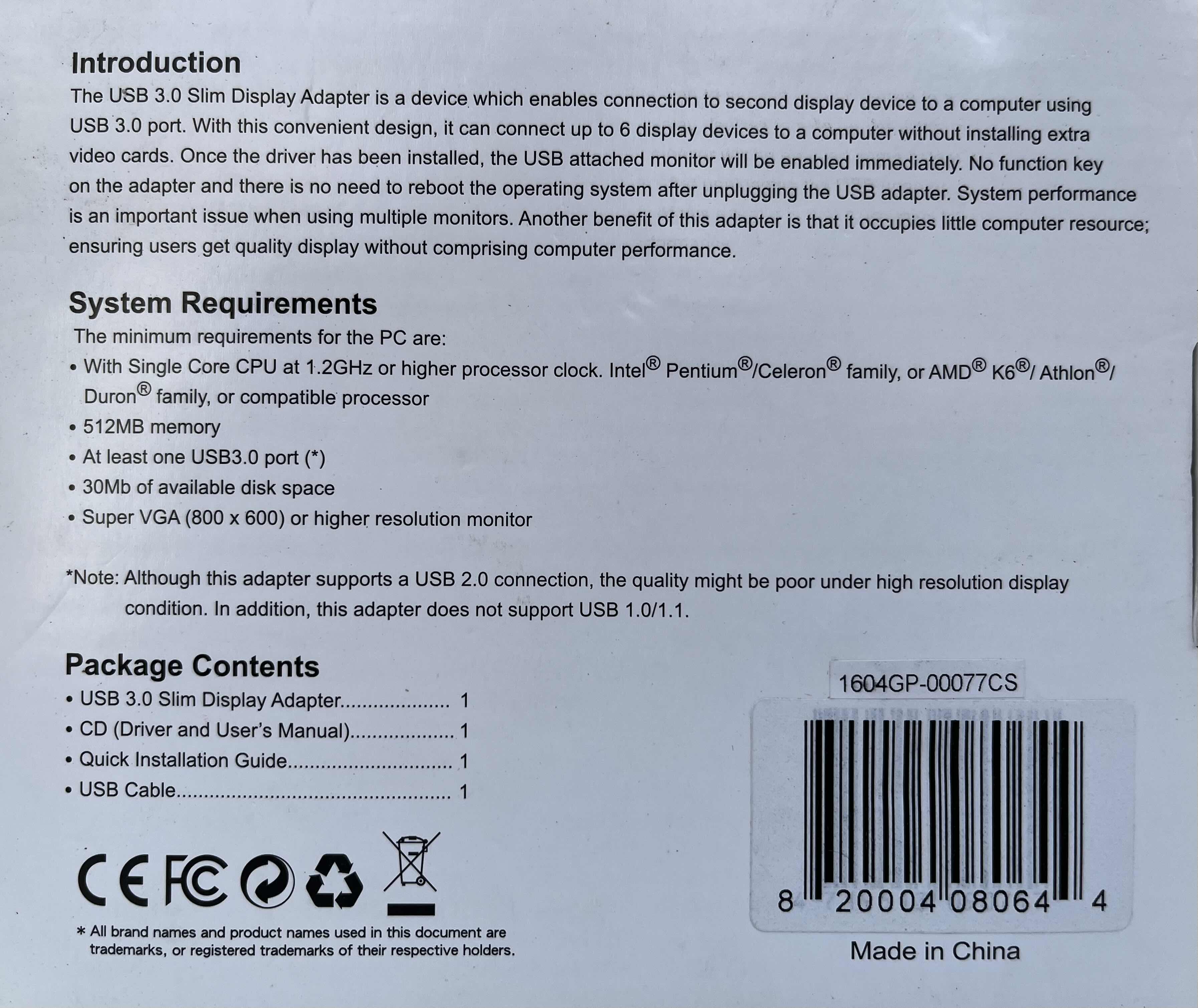 Photo 1 of USB 3.0 HDMI SLIM DISPLAY ADAPTER