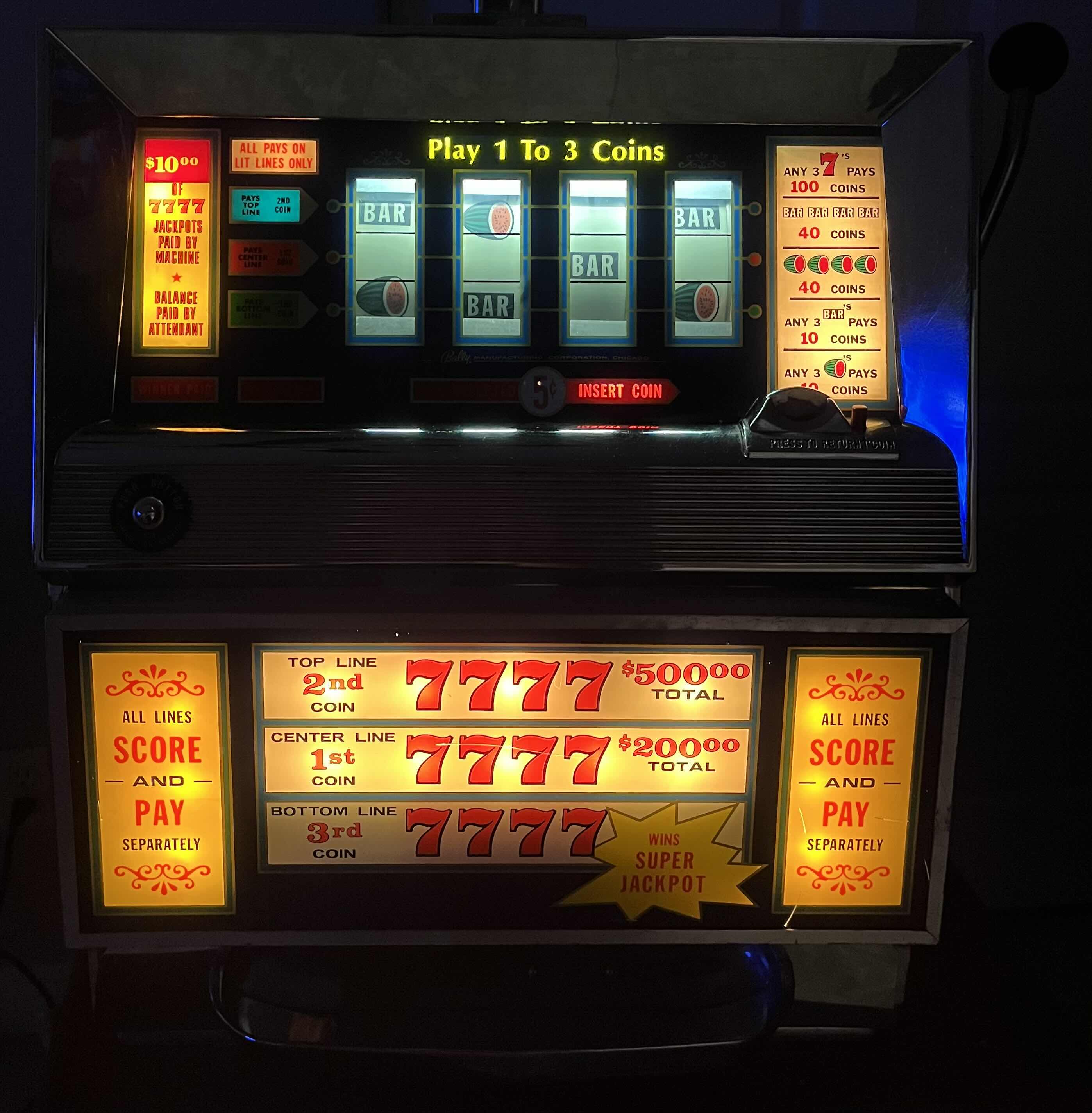 Photo 1 of BALLY CORP. CASINO 5 CENT NICKEL 4 REEL SLOT MACHINE MODEL 989-5