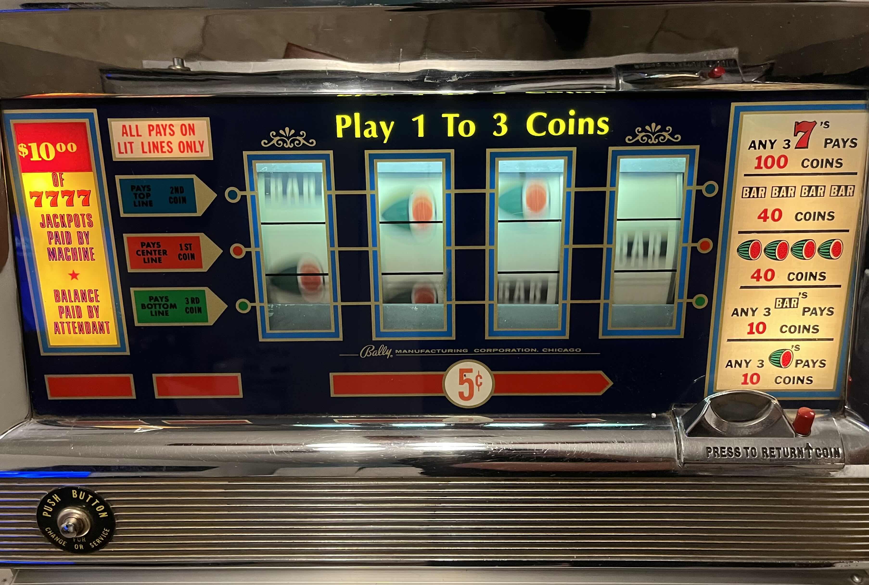 Photo 1 of BALLY CORP. CASINO 5 CENT NICKEL 4 REEL SLOT MACHINE MODEL 989-5