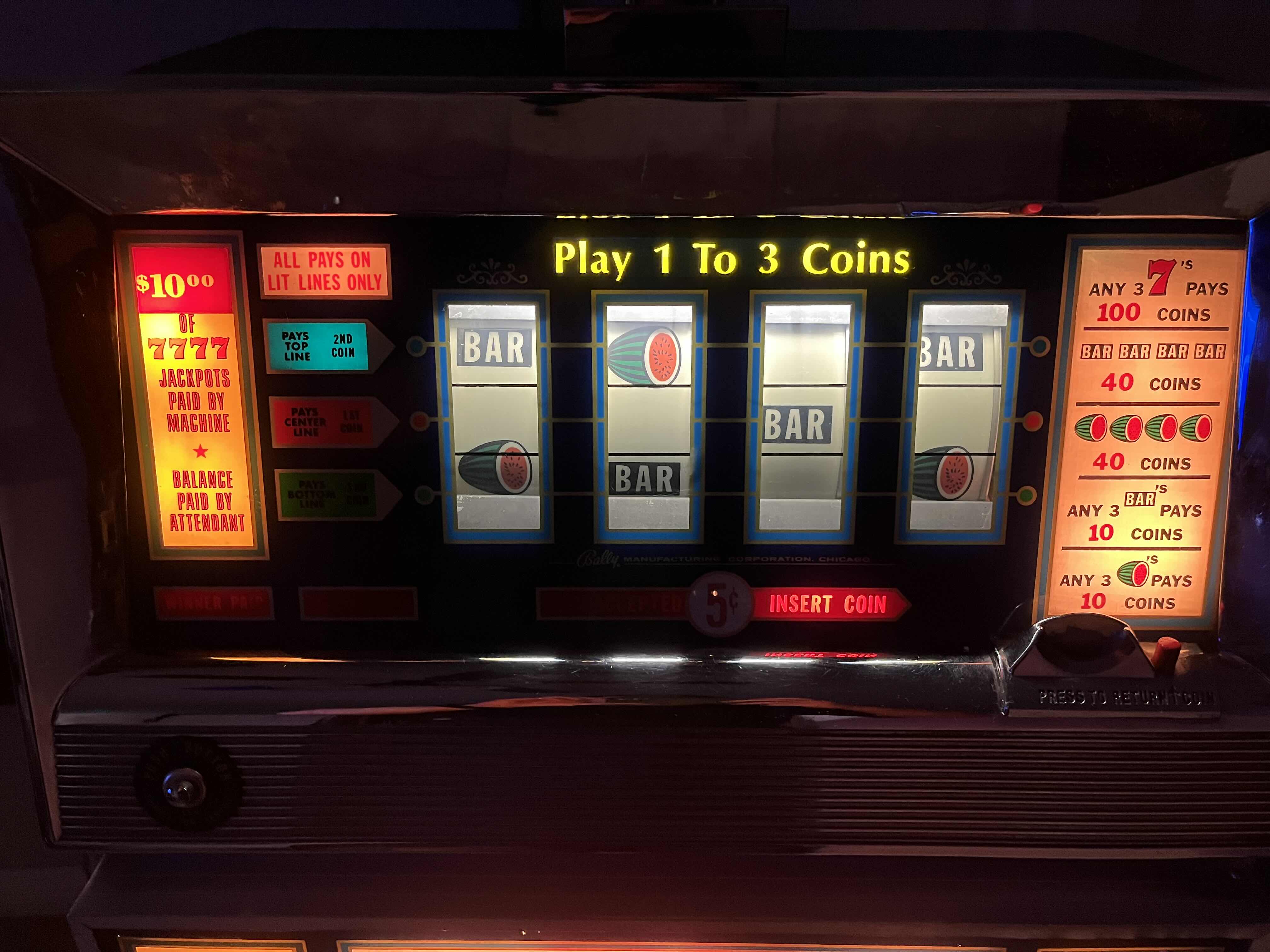 Photo 1 of BALLY CORP. CASINO 5 CENT NICKEL 4 REEL SLOT MACHINE MODEL 989-5