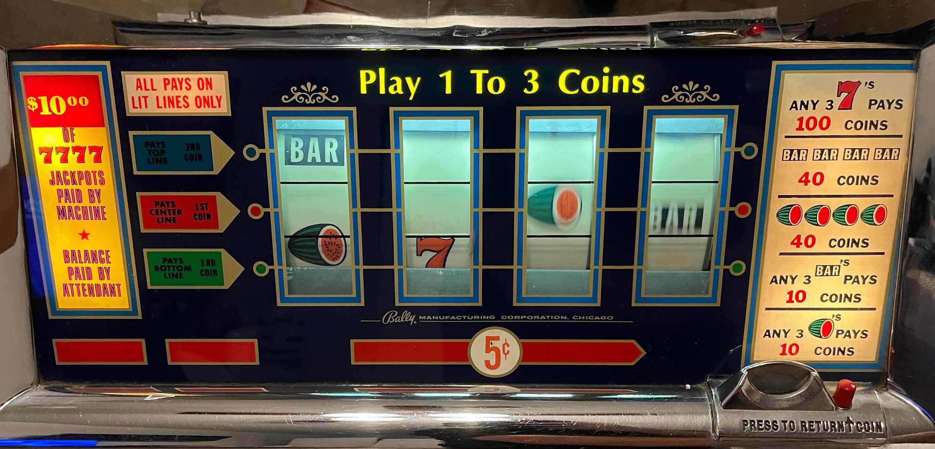 Photo 1 of BALLY CORP. CASINO 5 CENT NICKEL 4 REEL SLOT MACHINE MODEL 989-5