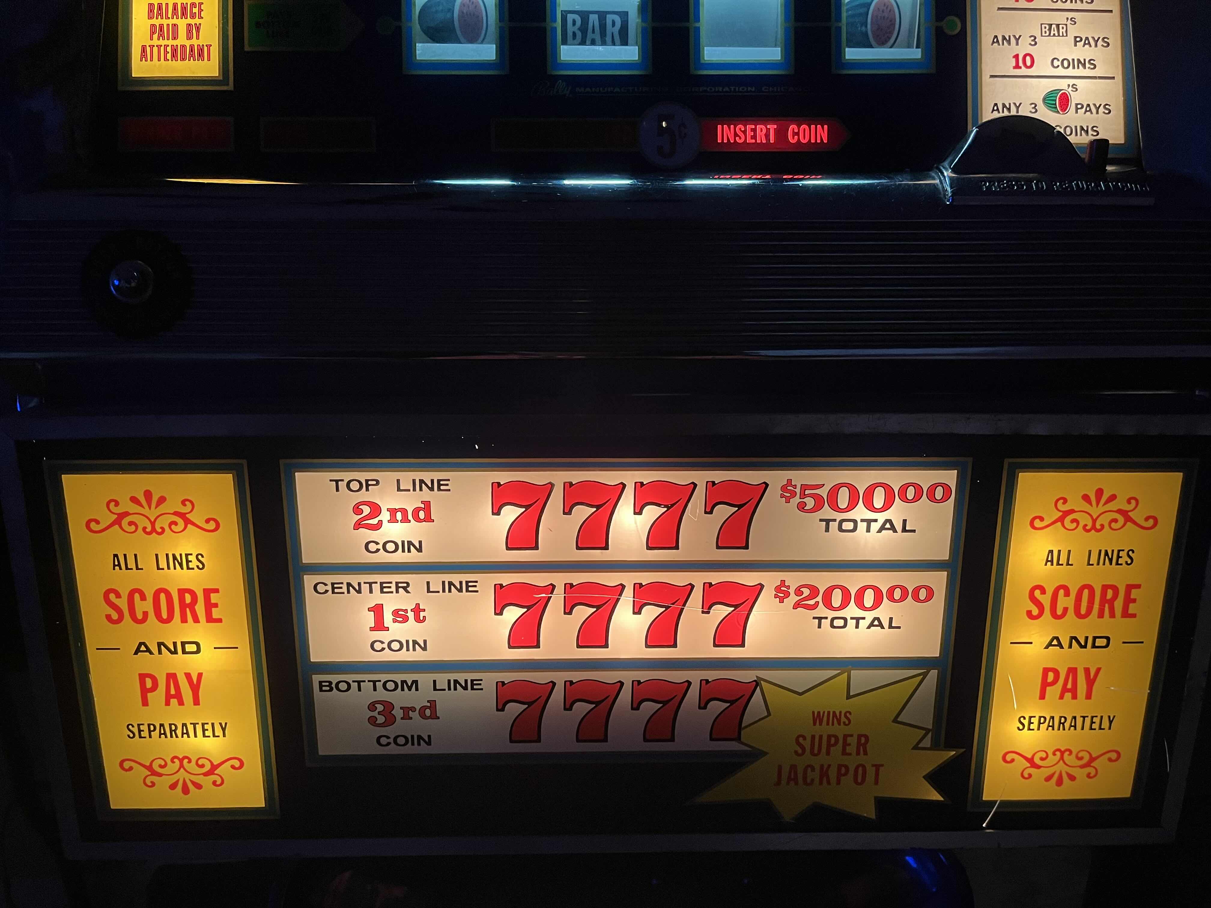 Photo 1 of BALLY CORP. CASINO 5 CENT NICKEL 4 REEL SLOT MACHINE MODEL 989-5