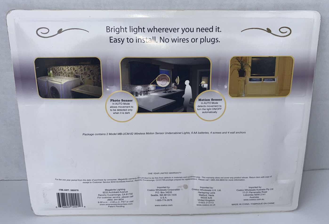 Photo 1 of NEW MEGABRITE WIRELESS MOTION SENSOR UNDER CABINET LIGHTS, BATTERY OPERATED (ITEM 580978)