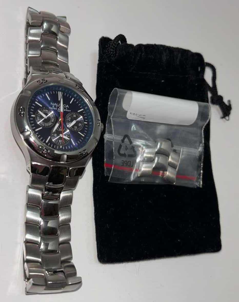 Photo 1 of NAUTICAL MULTIFUNCTION BLUE FACE, WATER RESISTANT 100M, STAINLESS STEEL BACK WATCH INCLUDES EXTRA LINK/TOOL & VELOUR BAG(10061G)