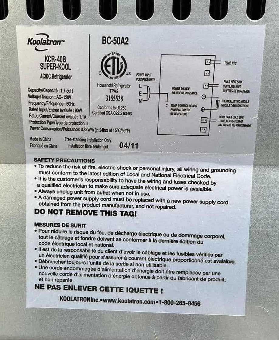 Photo 1 of KOOLATRON SUPER KOOL MINI AC/DC REFRIGERATOR MODEL KCR-40B