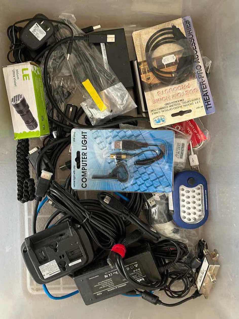 Photo 1 of CONTENTS OF TOTES-ELECTRONICS, CONNECTION CORDS, POWER CORDS & ELECTRONIC PARTS