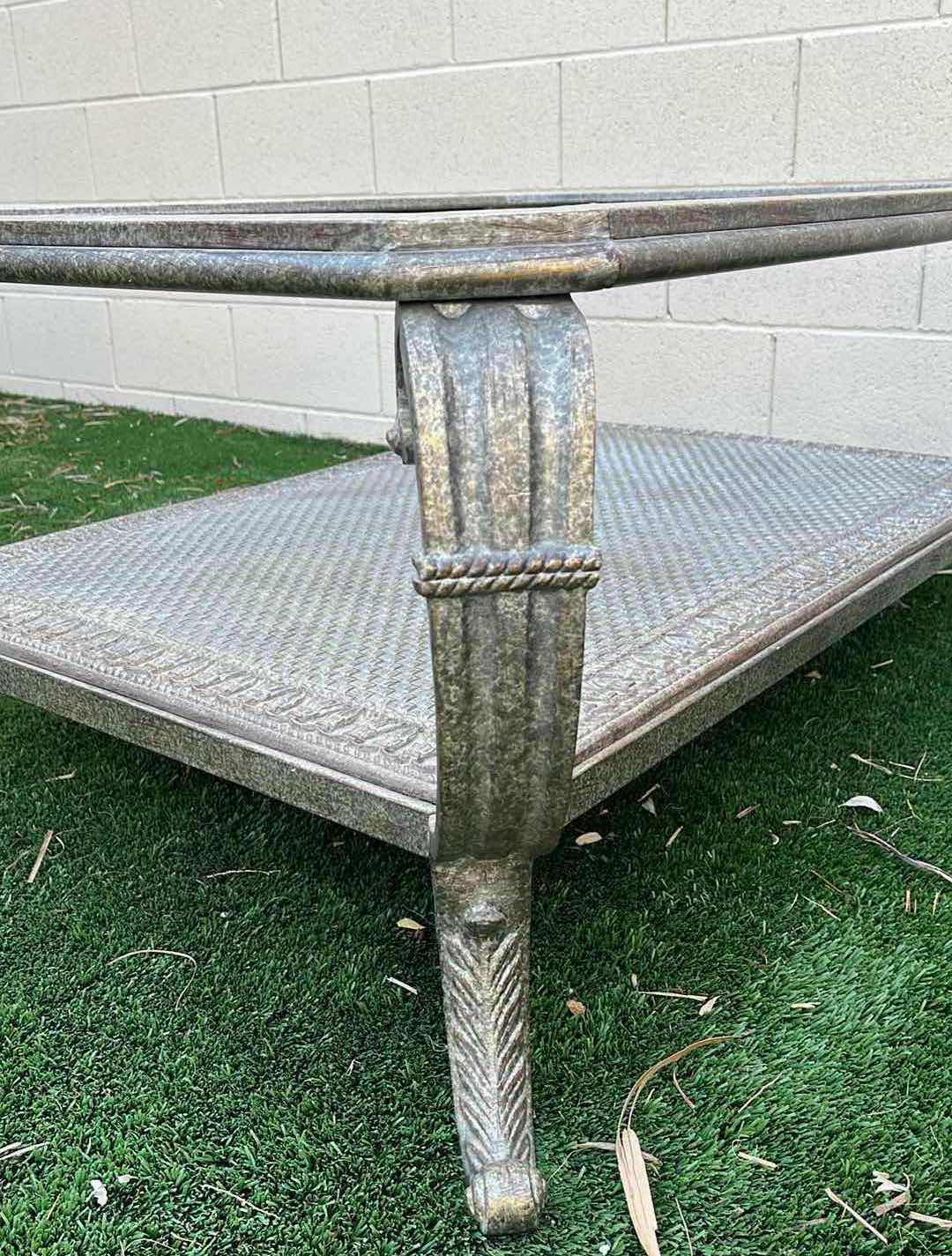 Photo 1 of AGED SILVER PLATED STYLE GLASS TOP COFFEE TABLE 49” X 36.5” H19.75” (READ NOTES)