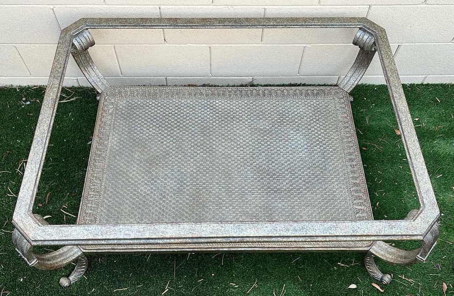 Photo 1 of AGED SILVER PLATED STYLE GLASS TOP COFFEE TABLE 49” X 36.5” H19.75” (READ NOTES)