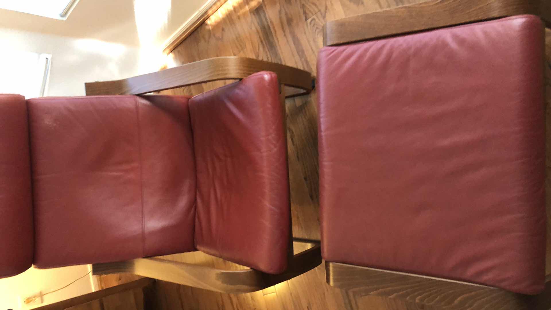 Photo 1 of IKEA POAMG CHAIR WOODEN AND LEATHER ARMCHAIR WITH OTTOMAN