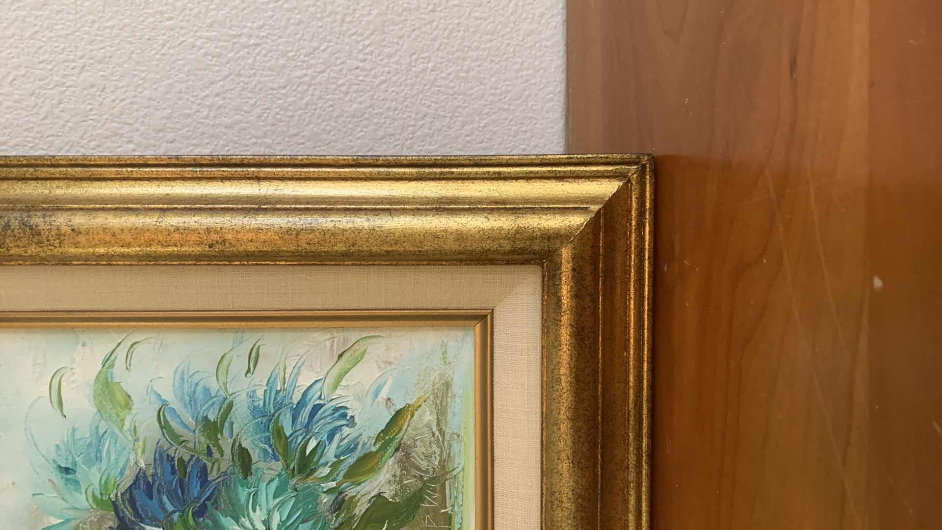 Photo 1 of BLUE AND GREEN FLORAL OIL PAINTING 15” X 13”