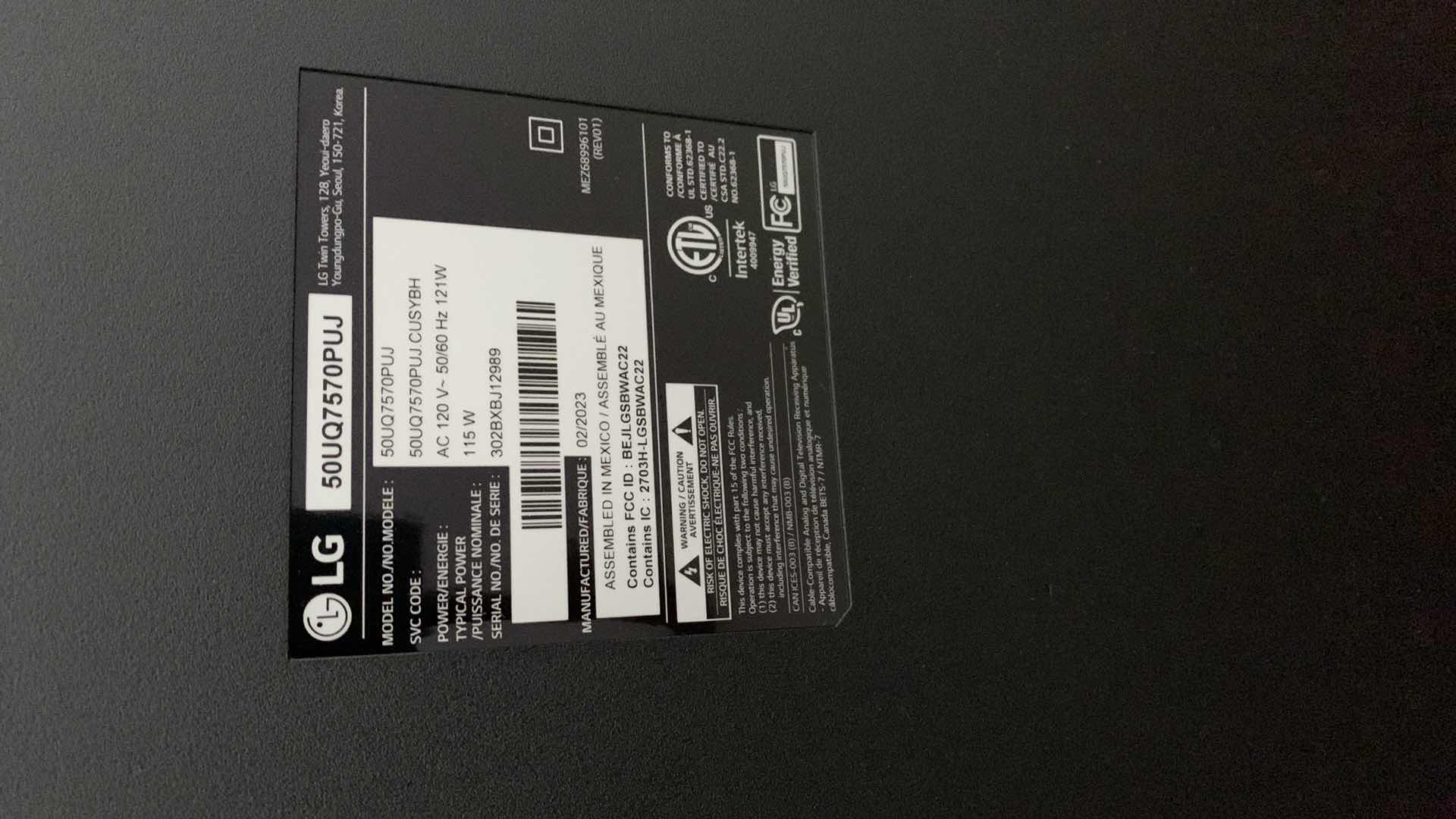 Photo 1 of LG 50” TELEVISION MODEL 50UQ7570PUJ MADE 2/23 WITH REMOTE