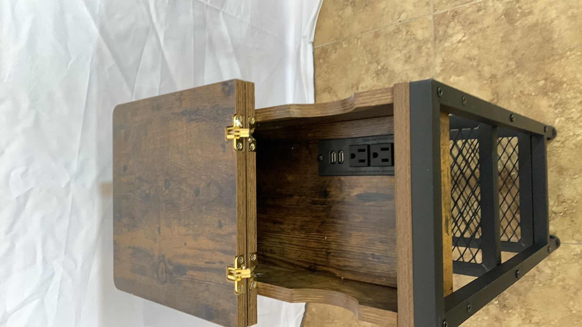 Photo 1 of METAL AND WOODEN NARROW END TABLE WITH SHELF WITH USB CHARGING STATION AND ELECTRICAL OUTLETS 12” X 23” H 24”